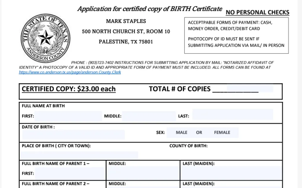 A screenshot of the form used to obtain a birth document in Anderson County, Texas.