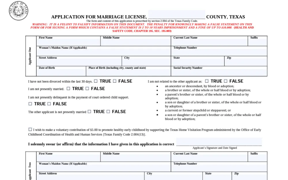 A screenshot of the form used to obtain a marriage license in Anderson County, Texas.
