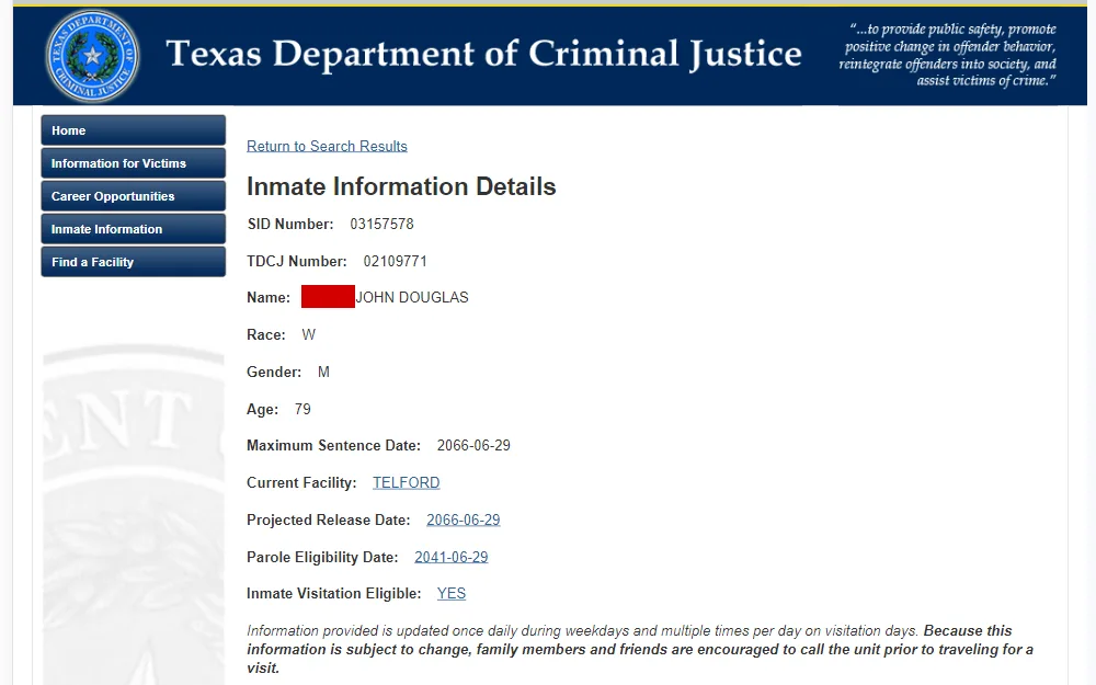 A screenshot of the Texas Department of Criminal Justice's search tool that updates at the end of every working day with cases at least 24 hours old.