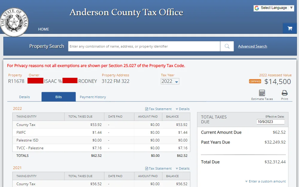 A screenshot of the search tool that allows users to find information on who owns a property in Anderson County.