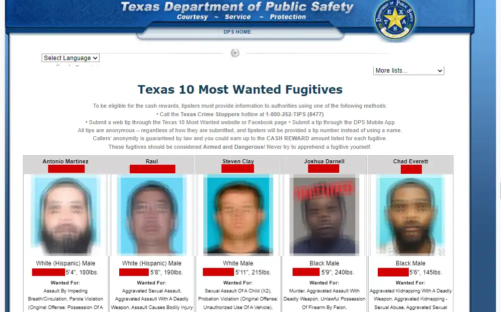 A screenshot of the 10 most wanted fugitives in Texas with their general information.