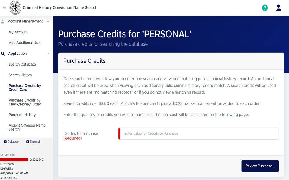 A screenshot from the Texas Department of Public Safety displays an online portal for purchasing credits to search a criminal history conviction name database, detailing the cost per search credit and associated transaction fees.