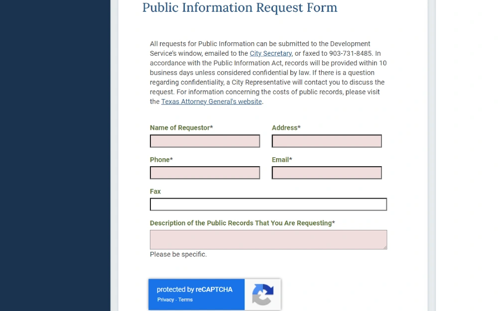 A screenshot of an online form from the Palestine City Secretary displays fields for the requester's name, contact details, and a description of the public records being requested, with a notice regarding the Public Information Act and a CAPTCHA verification at the bottom.