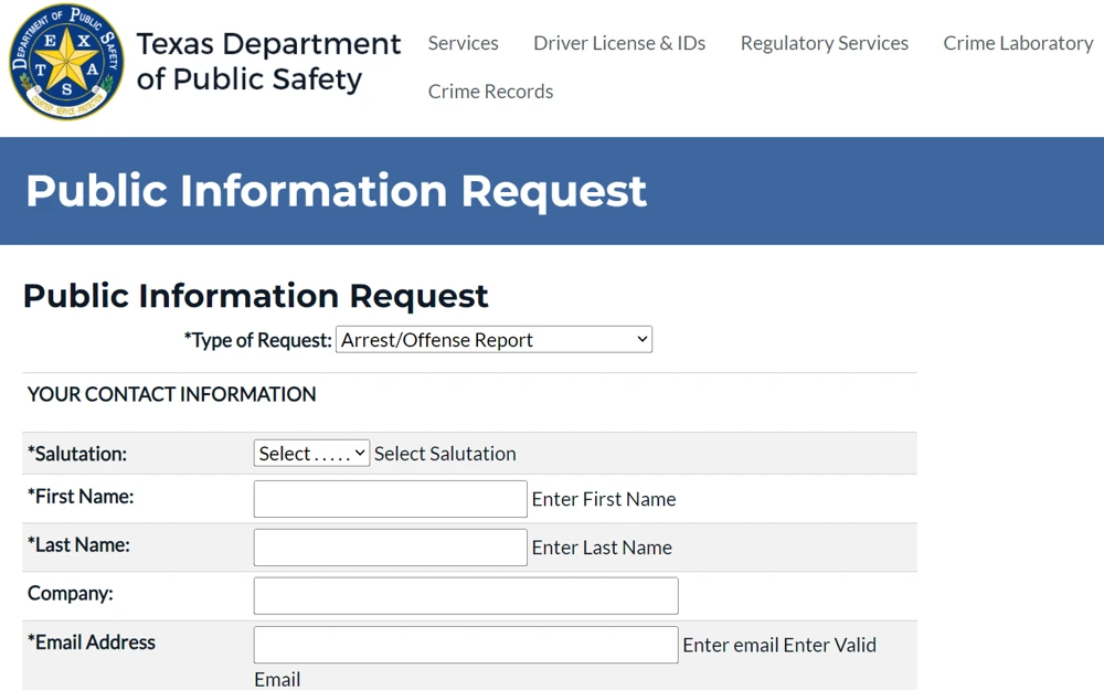 A screenshot from the Texas Department of Public Safety displays an online public information request form with dropdown menus and fields for entering the requester's salutation, first and last name, company, and email address related to an arrest/offense report.