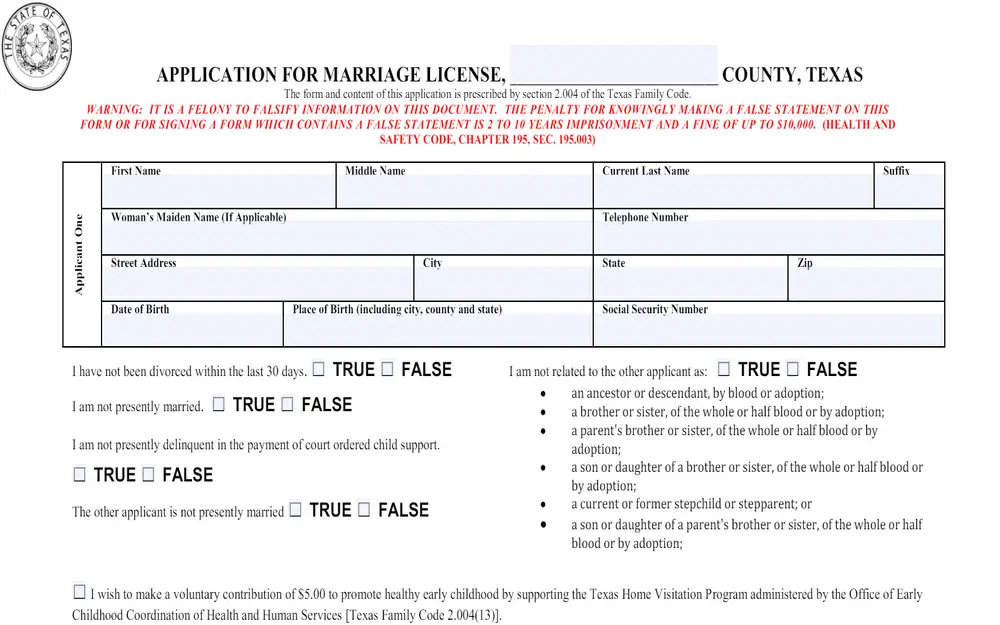 A screenshot of the form used to obtain a marriage license in Anderson County, Texas.