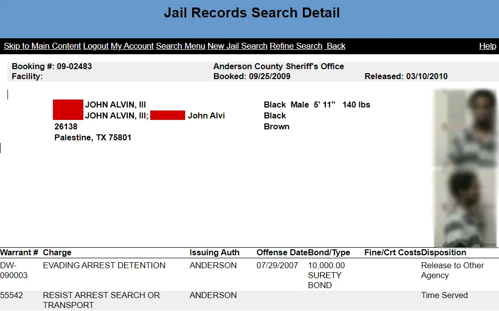 A screenshot of a sample jail records search detail showing an individual's mugshots, name and aliases, physical description, booking information, and warrant details maintained by the Anderson County Sheriff's Office.