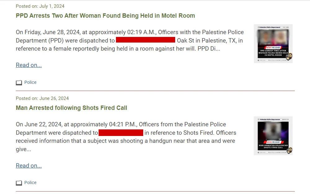 A screenshot of written news listed by the Palestine Police Department showing details of the events that took place within the city including the arrests they made with booking photos of these arrested individuals.