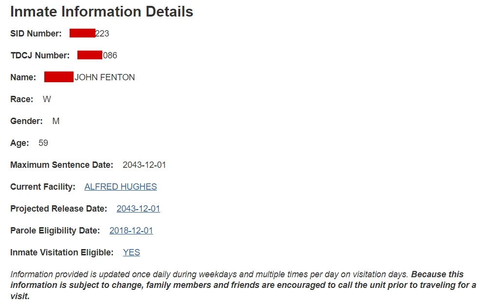 A screenshot of a sample inmate information released by the Texas Department of Criminal Justice to the public through their offender search tool displaying the individual's SID and TDCJ numbers, name, race, gender, age, maximum sentence date, projected release date, etc.